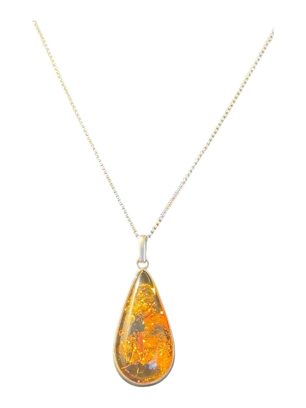 Sterling Silver Teardrop Amber Pendant Necklace - Poland
